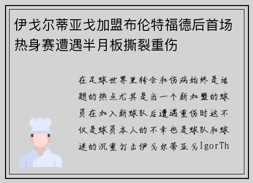伊戈尔蒂亚戈加盟布伦特福德后首场热身赛遭遇半月板撕裂重伤
